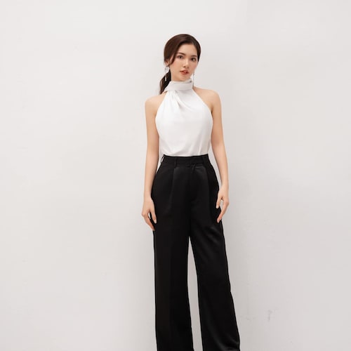 ladies silk dress pants SilkSilky 19Momme Silk High Waist Straight Fit Women's Pants with Back Elastic Waist Design, Black / S(6)