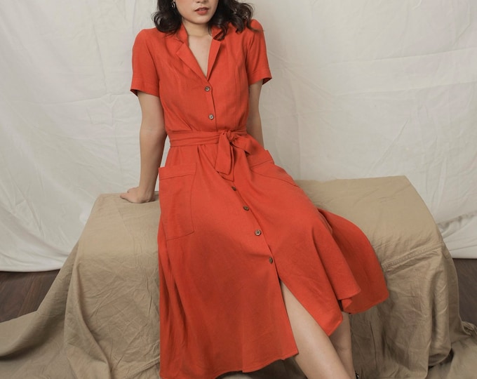 Navy Short Sleeve Button Front Linen Dress