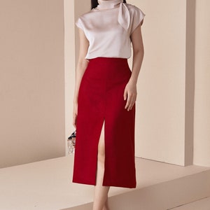 Split Front Silk Skirt in Red - Midi Formal Silk Skirt