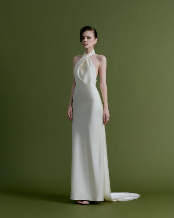 bridesmaid hair for halter dress Simple Wedding Backless Slip Dress Reception Halter Neck Event Guest Dress With Train Prom Sleeveless Dress Bridesmaids Long hair Back Details Color:Johri Style #60305 | DaVinci Sample 01/27/2026