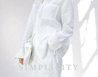 Oversized Linen Shirt With Long Sleeve and Front Pockets - Plus Size Linen Blouse - Women Linen Clothing