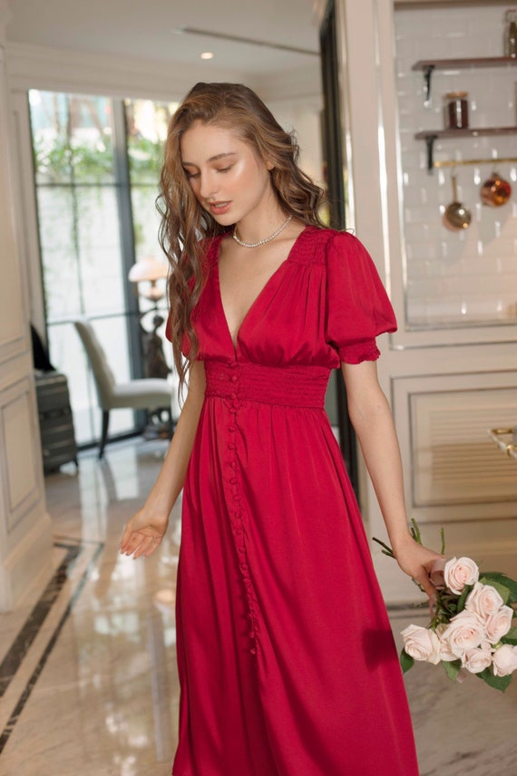 Wedding Guest Buttons Dress Deep V Neck Dress Short Sleeve - Etsy