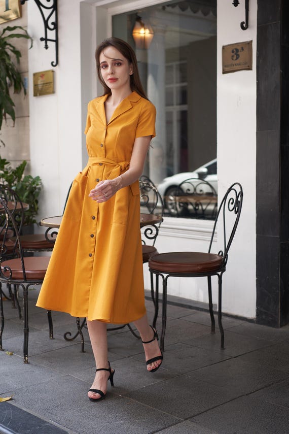 yellow button down midi dress Shirt Linen Dress / Short Sleeve Linen Shirt Dress - Buttons Up Linen Shirt Dress