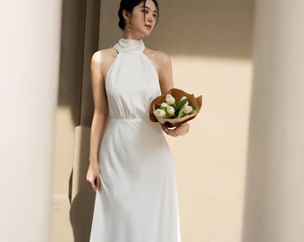 Halter Neck Maxi Dress High Waist Silk Dress with Sleeveless Wedding  Guest Dress