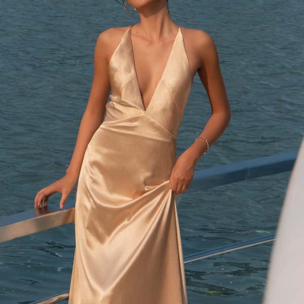 Halter Neck Wedding Guest Maxi Dress with Sleeveless and Deep V neck - Open Back Maxi Prom Silk Dress