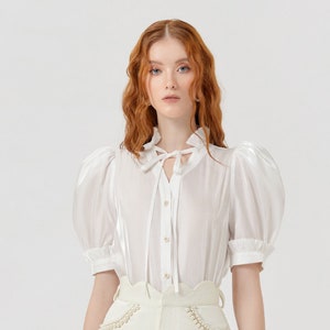 Puff Sleeve Organza Shirt with Buttons Up and Tie Neck - Summer Organza Blouse - Outfit Blouse for Women - Button Up Shirt Women