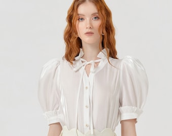 Puff Sleeve Organza Shirt with Buttons Up and Tie Neck - Summer Organza Blouse - Outfit Blouse for Women - Button Up Shirt Women