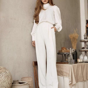Pleated Maxi Silk Pants - High Waisted Silk Pants in White - Wide Leg Silk Pants - Women Silk Trousers - Women Silk Clothing