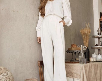 Pleated Maxi Silk Pants - High Waisted Silk Pants in White - Wide Leg Silk Pants - Women Silk Trousers - Women Silk Clothing