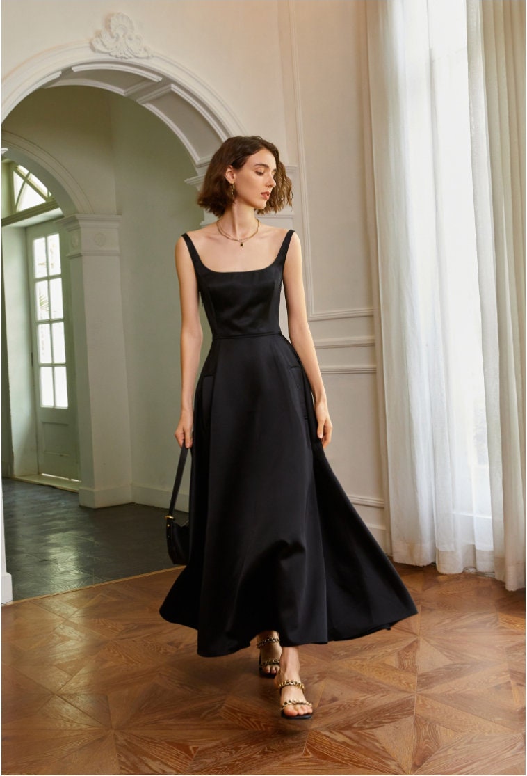 Flare Silk Dress - Silk dress - Square Neckline Dress - Summer dress - Evening Dress - High Waist Midi Dress - Gift for her