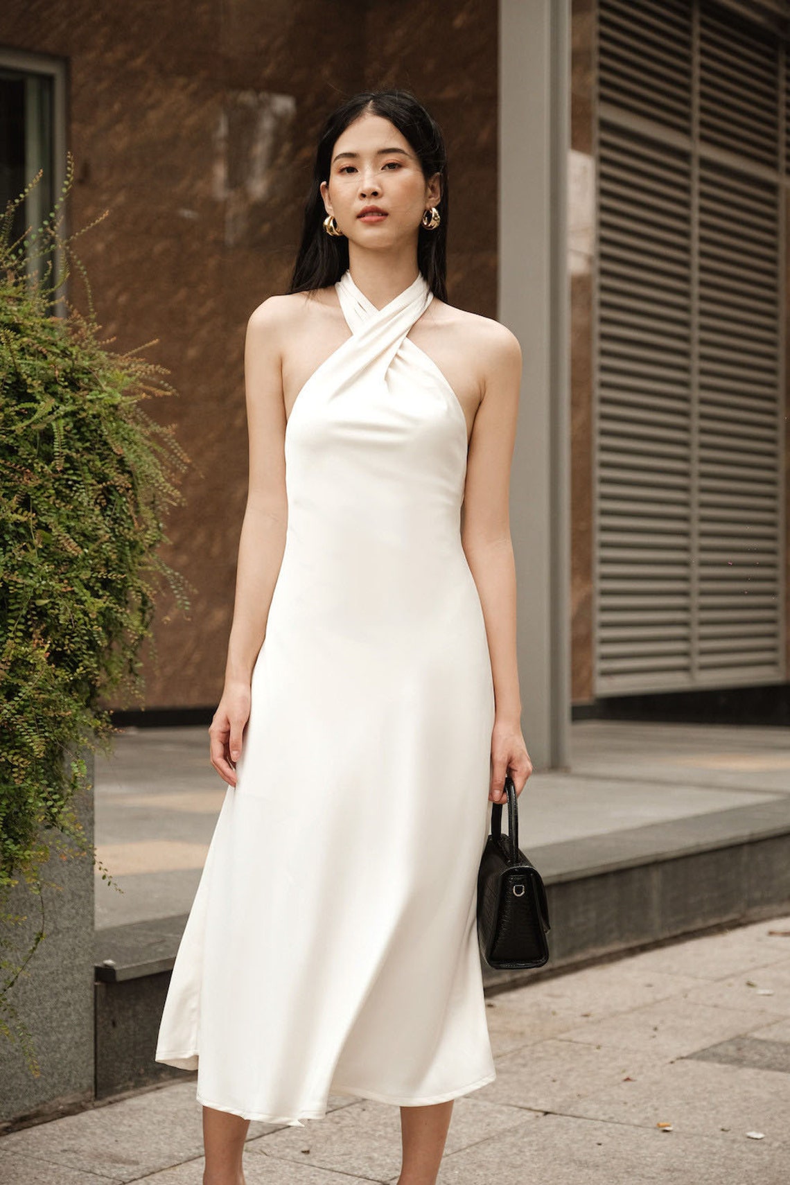 Halter Neck Dress - Wedding Guest Midi Dress - Open Back Silk Dress ...