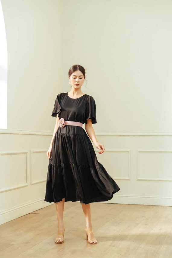 Short Sleeve Silk Dress - Pleated Silk Long Dress - Wedding Guest Midi Dress  - Crew Neck Silk Dress - Beautiful Silk Midi Dress - Etsy