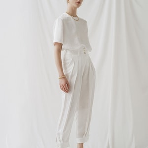 White Linen Pleated Pants with Pockets - High Waist Linen Pants with Cuff Bottoms