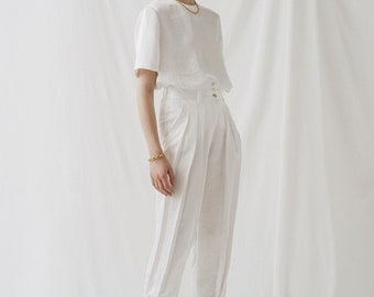 White Linen Pleated Pants with Pockets - High Waist Linen Pants with Cuff Bottoms