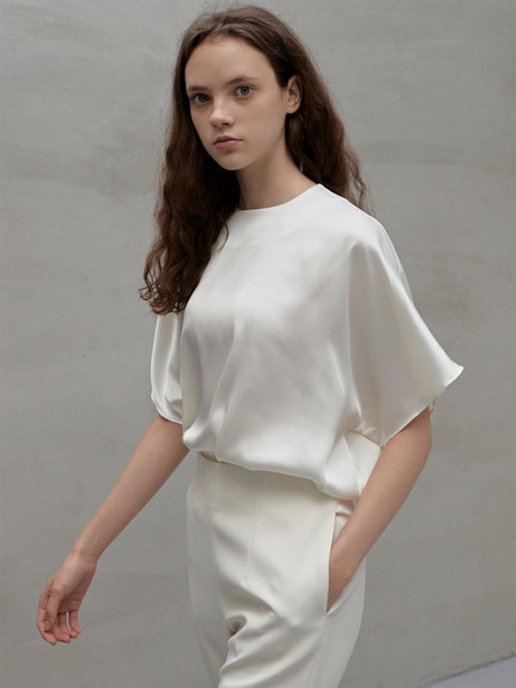 WOMENS Silk TOP in White Color, Crew Neck Blouse Women, Silk Shirt