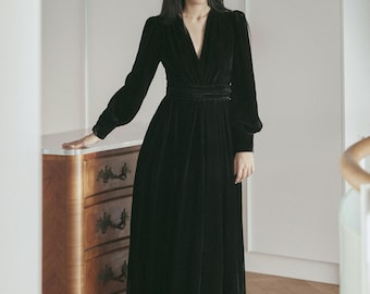 Vestido de terciopelo para mujer, vestido midi, vestido de manga larga, vestido de corte A, vestido largo de invierno con botones, vestido midi para invitada de boda, vestido con vuelo