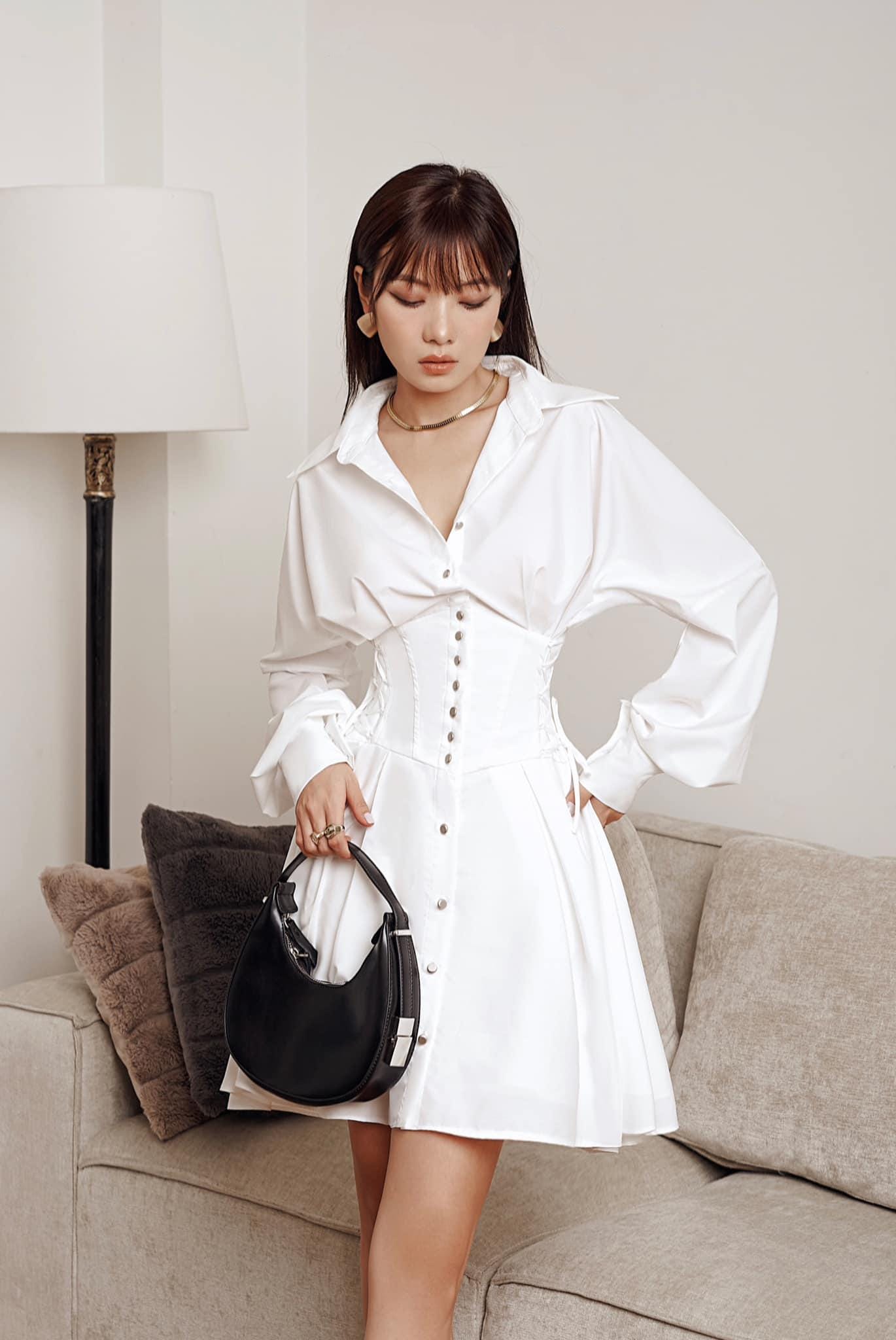 kit white drop waist mini dress Kadi White Cotton Poplin Drop Waist Corset Mini Dress main image 1