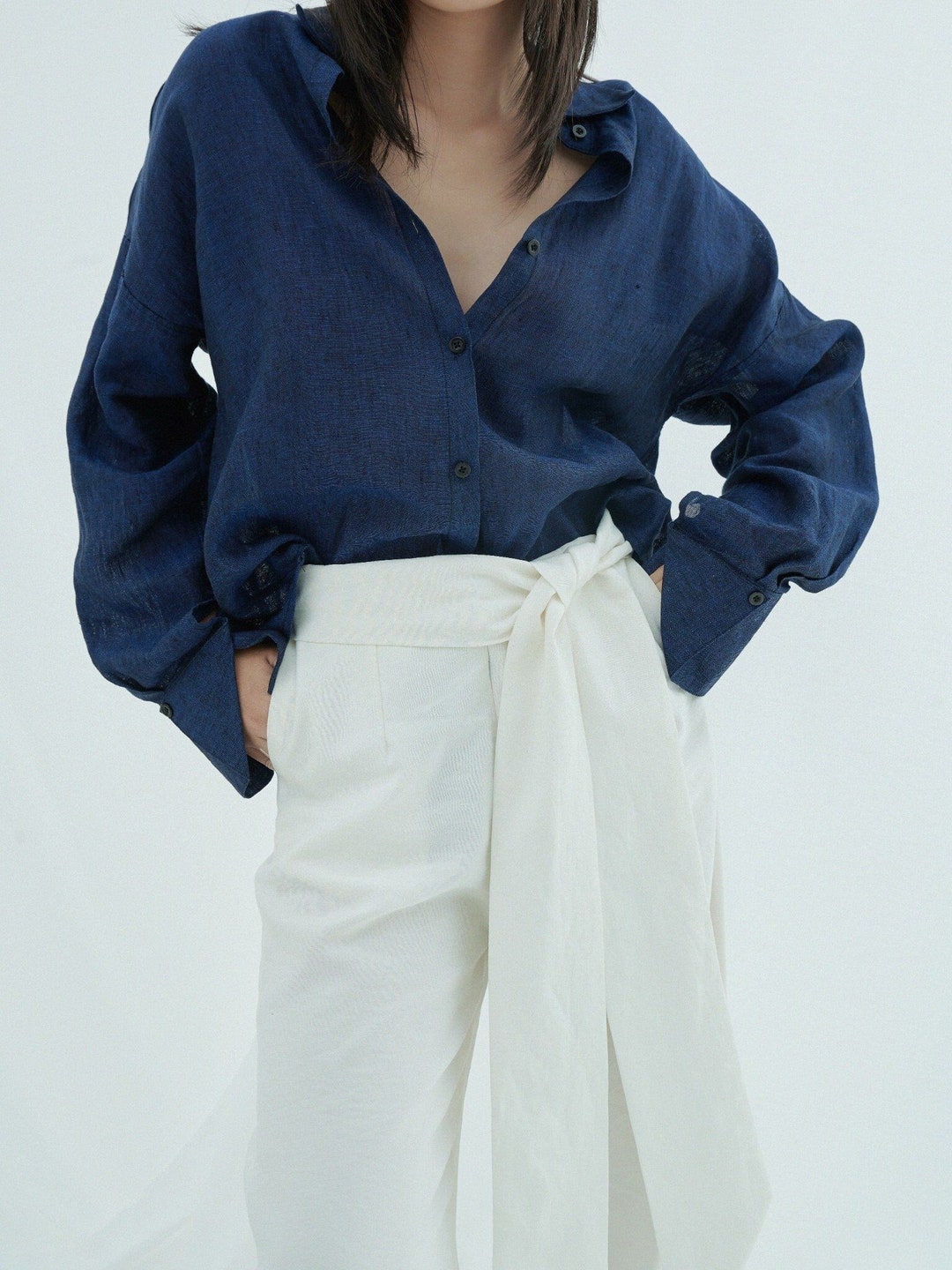 Plus Size Linen Shirt for Women - Long Bishop Sleeve Loose Linen Blouse ...
