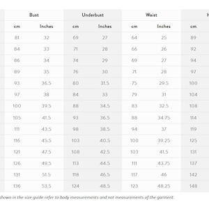 May include: Size chart for clothing with measurements in inches and centimeters. The chart includes sizes US 0 to 26, bust, underbust, waist, and hip measurements.