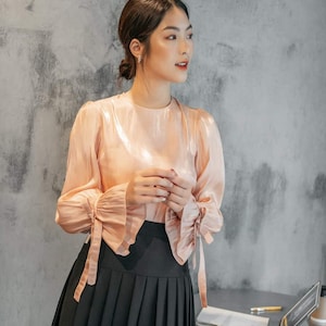 Long Sleeve Loose Organza Shirt - Crew Neckline Organza Top - Summer Organza Blouse - Office Blouse for Women