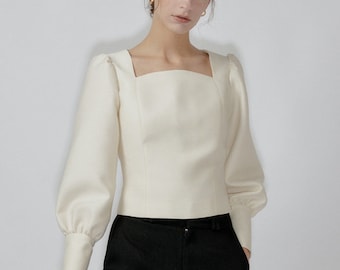 Square neck top , Top Bishop sleeves, Blouse with long sleeves, Formal Work top for woman