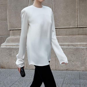 WOMENS Silk Long TOP in White color, Crew Neck blouse women, Silk shirt women, white Silk blouse with Long sleeve, casual blouse