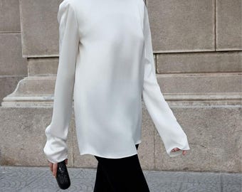 TOP largo de seda para MUJER en color blanco, blusa de cuello redondo para mujer, camisa de seda para mujer, blusa de seda blanca con manga larga, blusa casual