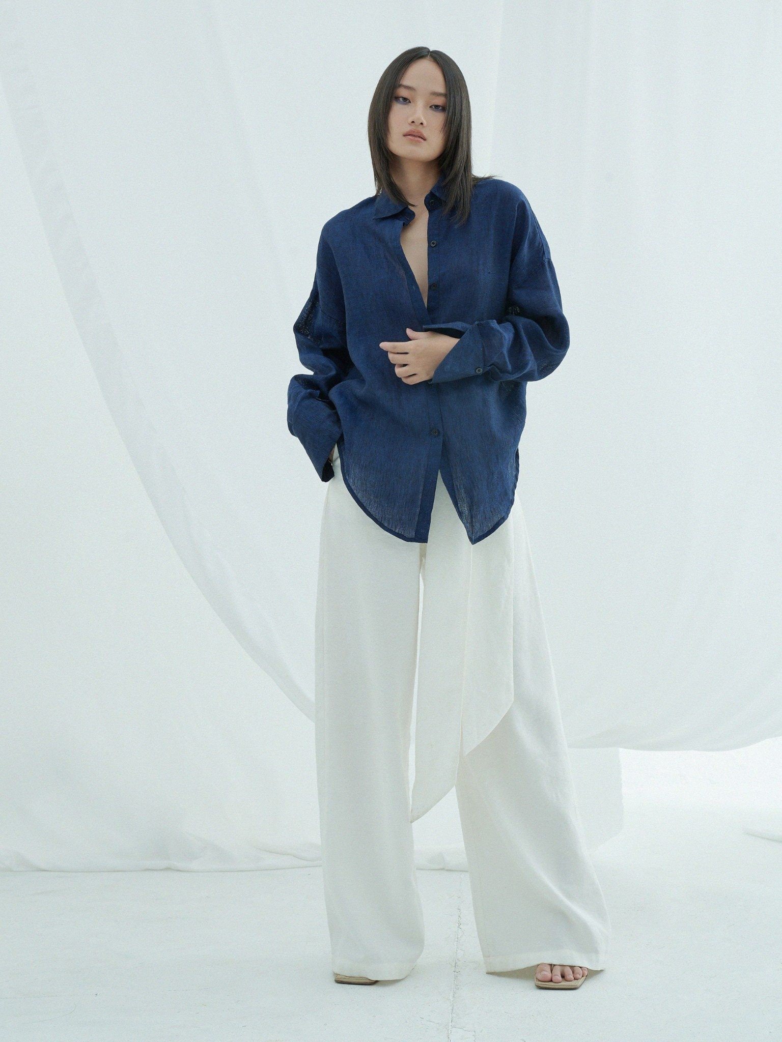 Plus Size Linen Shirt for Women - Long Bishop Sleeve Loose Linen Blouse ...