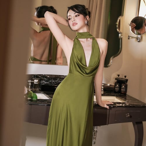 slim fit dress slacks Olive Green Bow Back Halter Neck Dress main image 1
