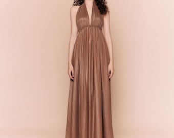Sukienka maxi z dekoltem halter, sukienka dla gości na imprezy z odkrytymi plecami, sukienka do ziemi dla gości weselnych – elegancka suknia z podwyższonym stanem