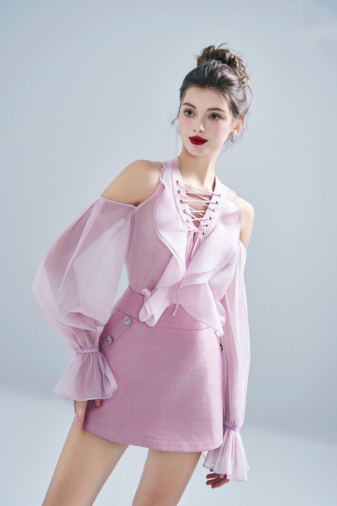 Those Around Me Organza Ruffle Blouse Blush