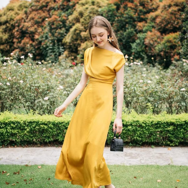 Ein Schulter Seidenkleid - Party Seidenkleid - Abend Seide Midi Kleid - Schönes Seiden Midi Kleid - A-Linie Seidenkleid - Schlichtes Seidenkleid