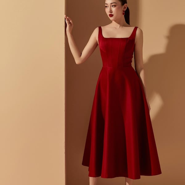 Fit Flare Seidenkleid - Seidenkleid - Kleid mit quadratischem Ausschnitt - Dicke Träger Sommerkleid - Abendkleid - Hohe Taille Kleid - Geschenk für Frauen