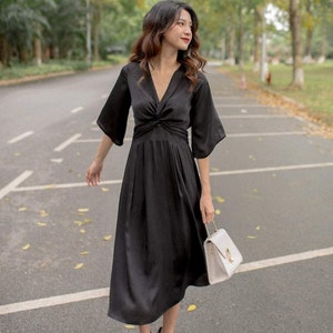 Twist Front Dress in Black - High Waist Silk Dress - Wedding Guest Dress - Half Sleeve Dress - Evening Silk Dress - Beautiful Silk Dress