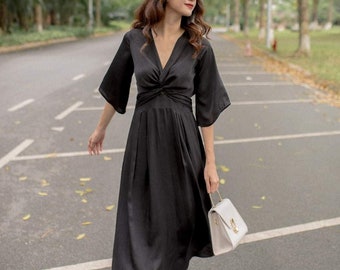 Twist Front Dress in Black - High Waist Silk Dress - Wedding Guest Dress - Half Sleeve Dress - Evening Silk Dress - Beautiful Silk Dress