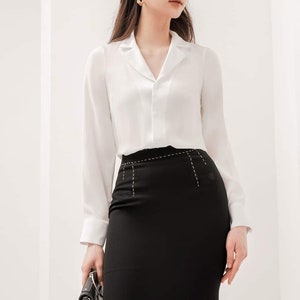 Langarmloses Seidenhemd - Lockere Seidenbluse mit Kragen - Sommer Seidenbluse - Büro Seidenbluse für Frauen