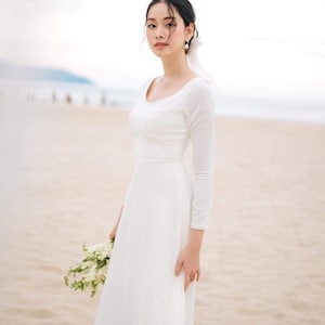 Long Sleeve Cotton Long Wedding Simple Dress - Wedding Guest Midi Dress - Scoop Neck Cotton Dress - Beautiful Maxi Dress