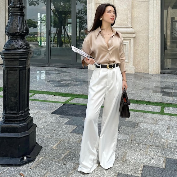 silk dress shirts women's Buttons Up Silk Shirt for Women - Bishop Long Sleeve Loose Silk Shirt - Loose Fitting Silk Blouse