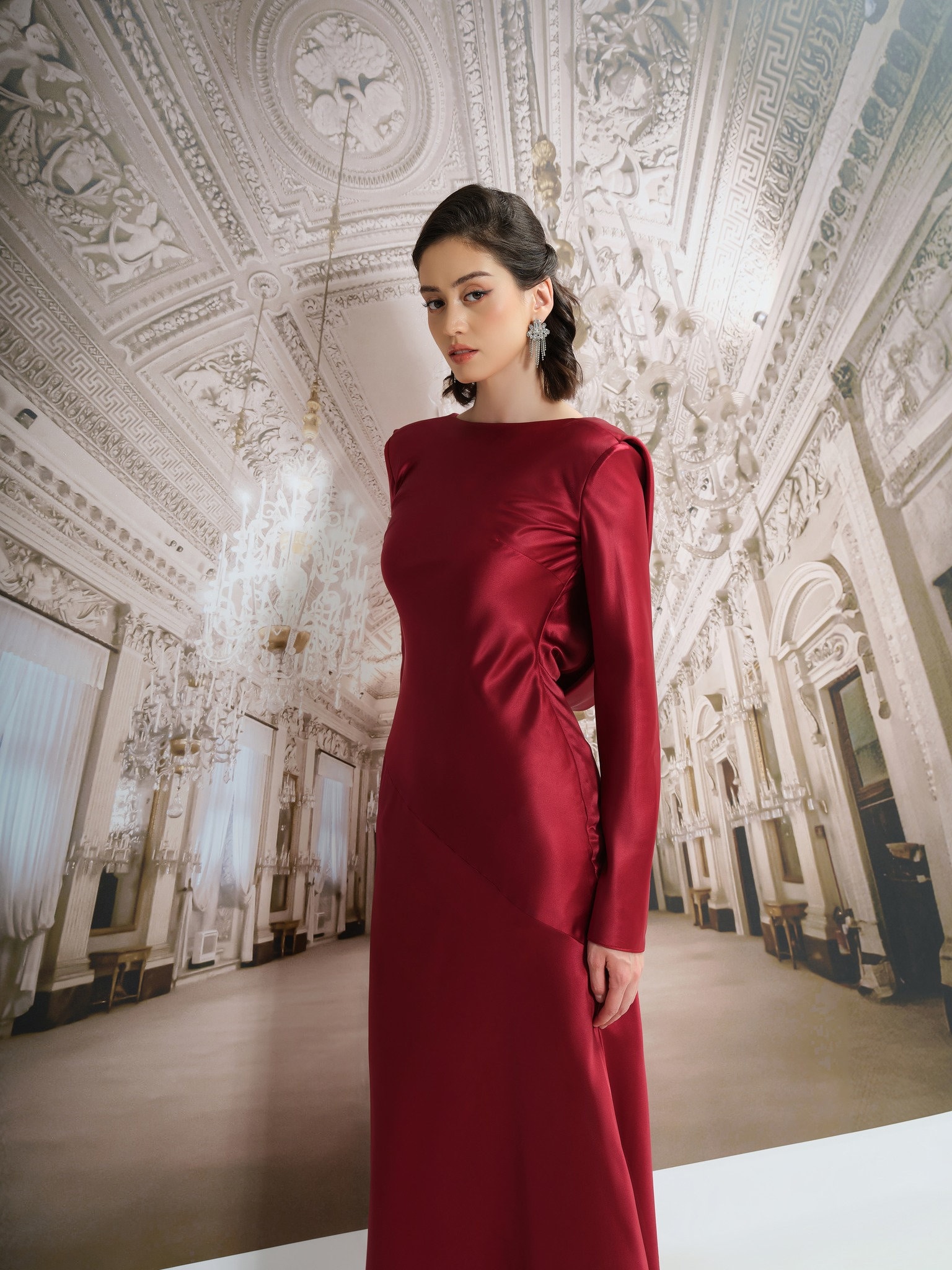 Low Back Dress, Simple Event Maxi Dress, Boat Neck Silk Dress, Long Sleeve Infinity Maxi Dress, Wedding Guest Women's Dress , Prom Dress