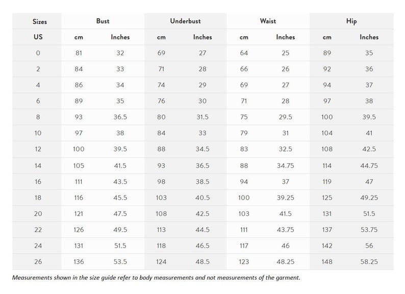 K&ouml;nnte beinhalten: Gr&ouml;&szlig;entabelle f&uuml;r Kleidung mit Ma&szlig;en in Zoll und Zentimetern. Die Tabelle umfasst die Gr&ouml;&szlig;en US 0-26 und Ma&szlig;e f&uuml;r Brustumfang, Unterbrustumfang, Taillenumfang und H&uuml;ftumfang.