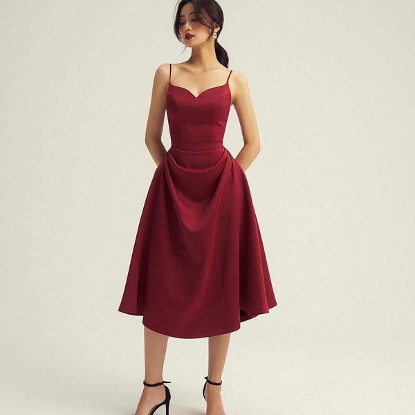 A Line Wedding Guest Midi Dress with sleeveless and Sweetheart Neckline in Red