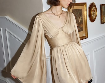 Angel long sleeve silk dress/ wedding guest silk/Tight waist mini dress/ Pleated mini silk dress/Club party dress/Cut out back dress