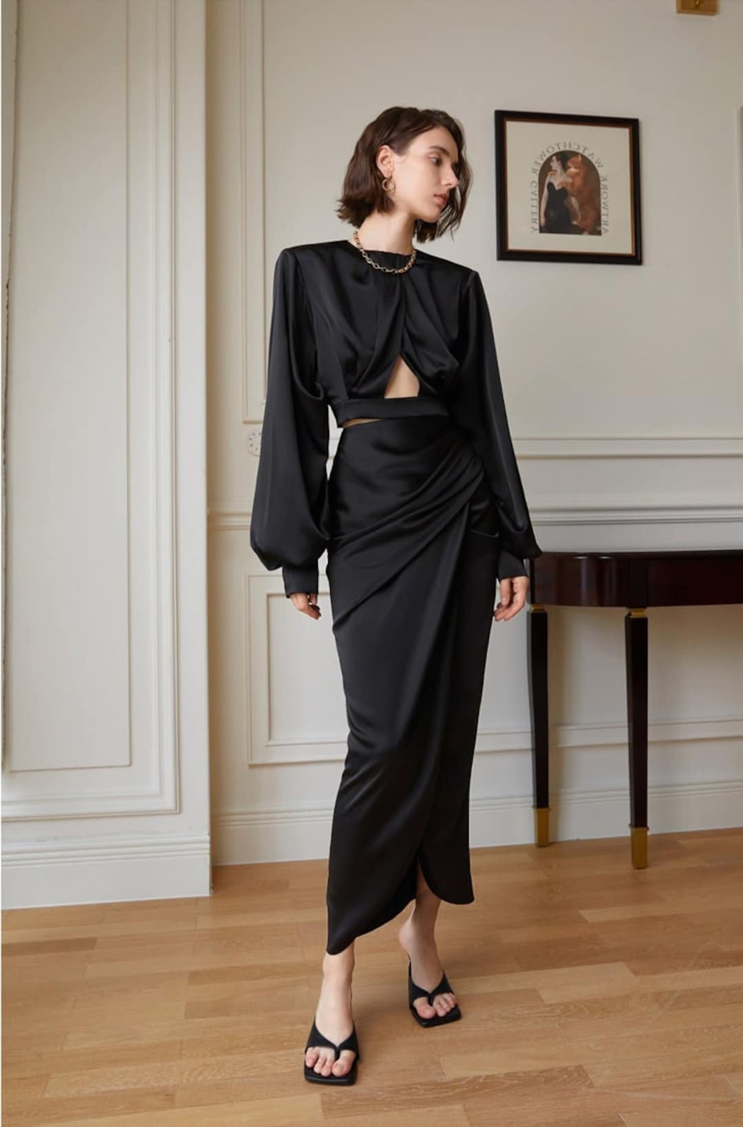 Draped Silk Maxi Skirt in Black, Simple Silk Maxi Skirt in Black
