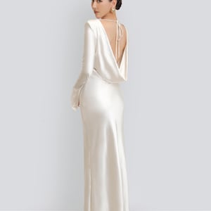 Boat Neck Silk Maxi Dress with Cowl Back, Long Sleeve Wedding Guest Dress, Bridesmaid Long Dresses