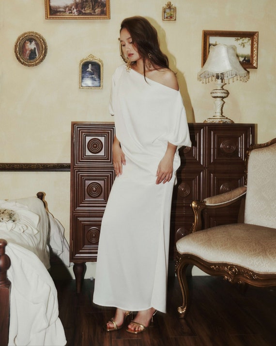 Wedding Guest Dress - Off/one Shoulder Silk Dress - Short Sleeve Silk Dress  - Oversize Maternity Maxi Dress - Etsy