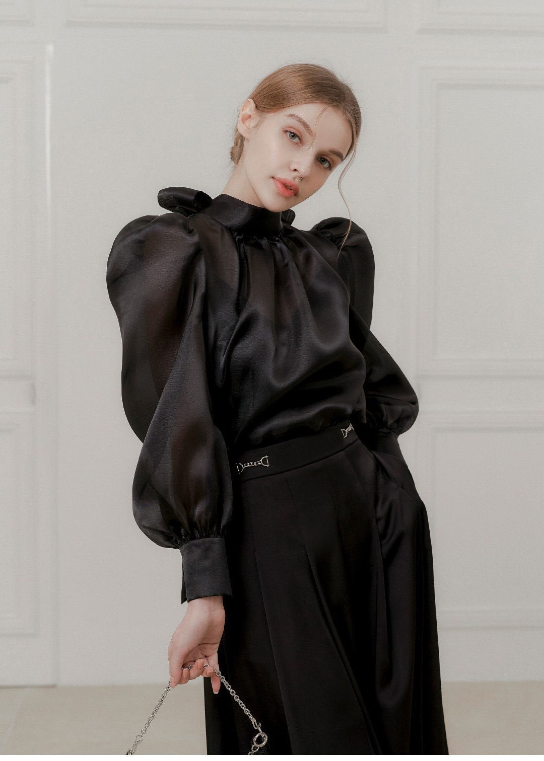 Victorian Organza Blouse With Tie Neck, Bishop Long-sleeve Top