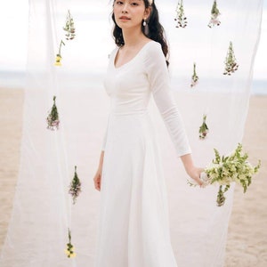 Long Sleeve Cotton Long Wedding Simple Dress - Wedding Guest Midi Dress - Scoop Neck Cotton Dress - Beautiful Maxi Dress