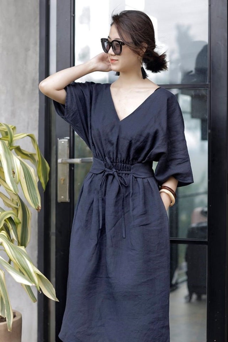 Loose Linen Dress With Roomy Pockets Deep V Neck Linen Dress - Etsy