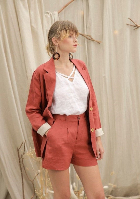 Tailored Linen 2 Piece Women Suit Linen Blazer Linen Shorts Linen Camisole  -  Canada