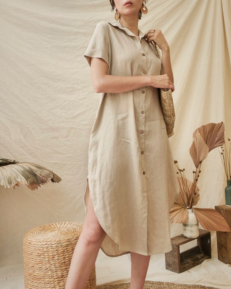 Linen Dress with Detachable Tie Front Buttons Dress Linen Shirt Dress Linen Midi Dress